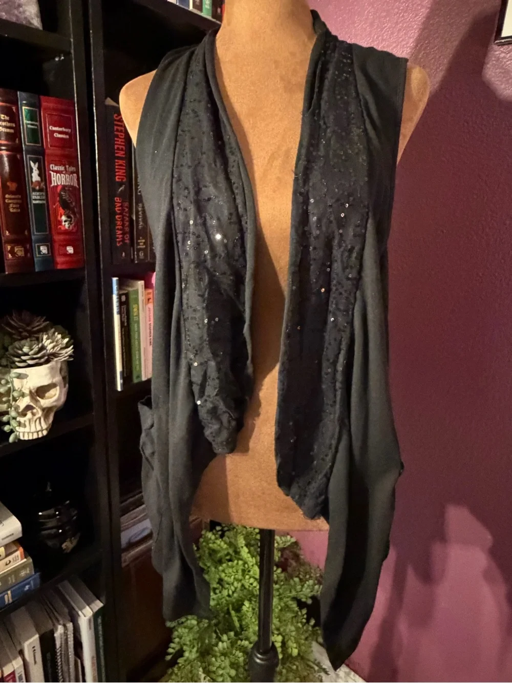 Black Sequin Accent Draped Vest